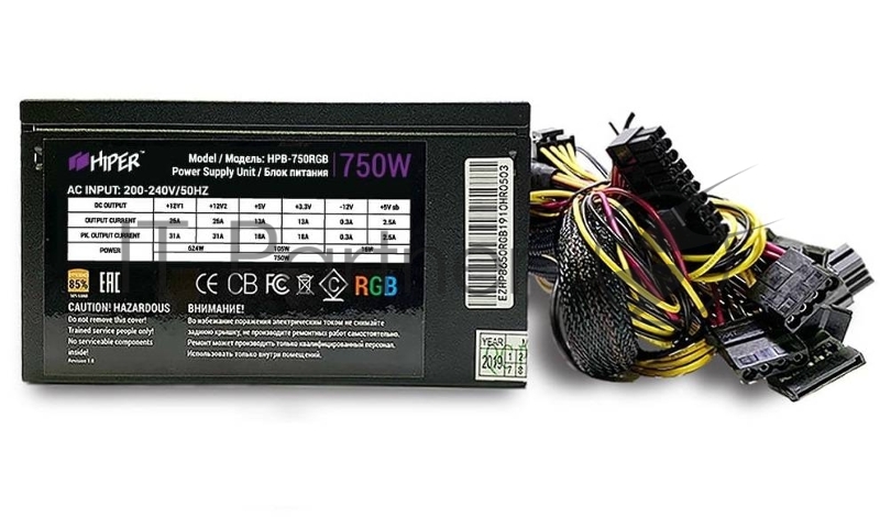 Блок питания HIPER HPB-750RGB (ATX 2.31, 750W, ActivePFC, RGB 140mm fan, Black) BOX