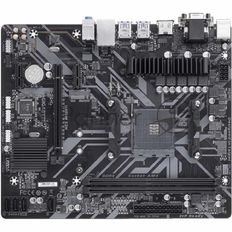 Материнская плата Gigabyte B450M S2H Soc-AM4 AMD B450 2xDDR4 mATX AC`97 8ch(7.1) GbLAN RAID+VGA+DVI+HDMI