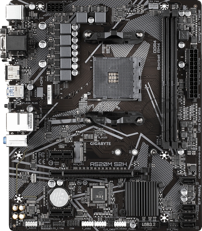 Материнская плата Gigabyte A520M S2H Soc-AM4 AMD A520 2xDDR4 mATX AC`97 8ch(7.1) GbLAN RAID+VGA+DVI+HDMI