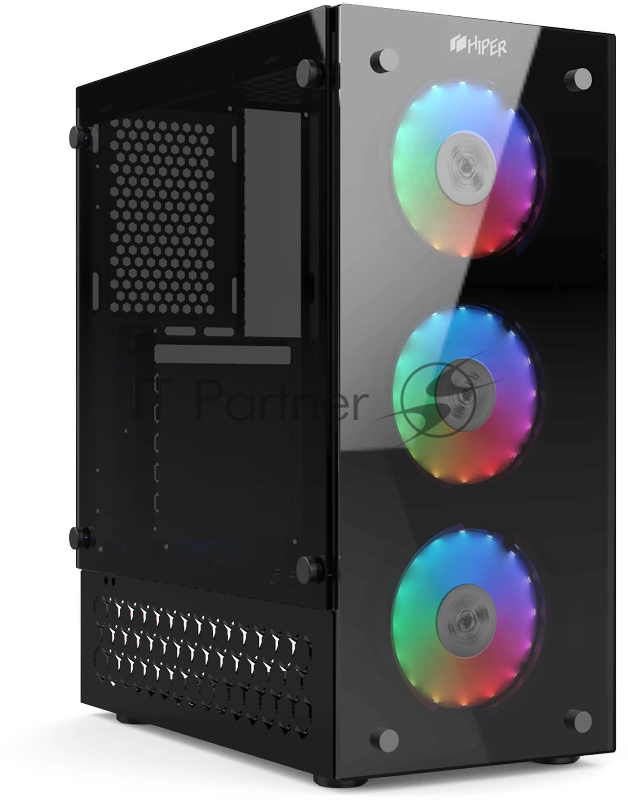 корпус для ПК без БП CASE HIPER HG-C104RGB ORCUS (ATX, SPCC0.5, USB 3.0+USB2.0, Front 3x120mm RGB Fan, Black)