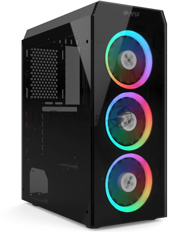 корпус для ПК без БП CASE HIPER HG-C106RGB COEUS (ATX, SPCC0.5, USB 3.0+USB2.0, Front 3x120mm RGB Fan, Black)