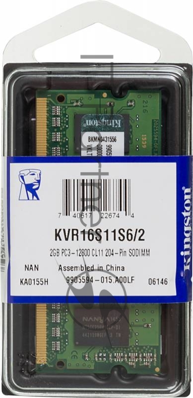 Модуль памяти Kingston SO-DIMM DDR3 2Gb 1600MHz Kingston KVR16S11S6/2 RTL PC3-12800 CL11 204-pin 1.5В