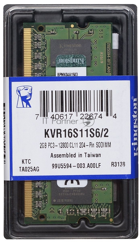 Модуль памяти Kingston SO-DIMM DDR3 2Gb 1600MHz Kingston KVR16S11S6/2 RTL PC3-12800 CL11 204-pin 1.5В