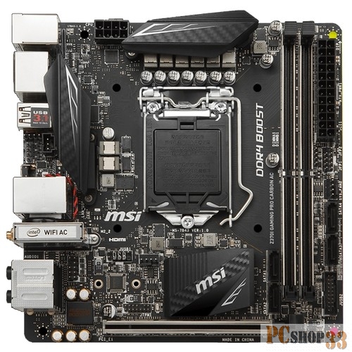 Материнская плата MSI Z370I GAMING PRO CARBON AC RTL {LGA1151, 4DDR4, 3PCI-Ex16, 3PCI-Ex1, 6SATA3, 3USB3.1 GEN2, 8USB3.1 GEN1, HD AUDIO}