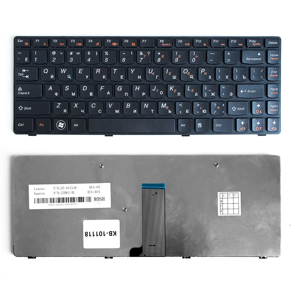 Клавиатура для ноутбука Lenovo IdeaPad B480, G480, Z380, Z480 Series. Плоский Enter. Черная, с черной рамкой. 25202118, 9Z.N5TSQ.T0R.