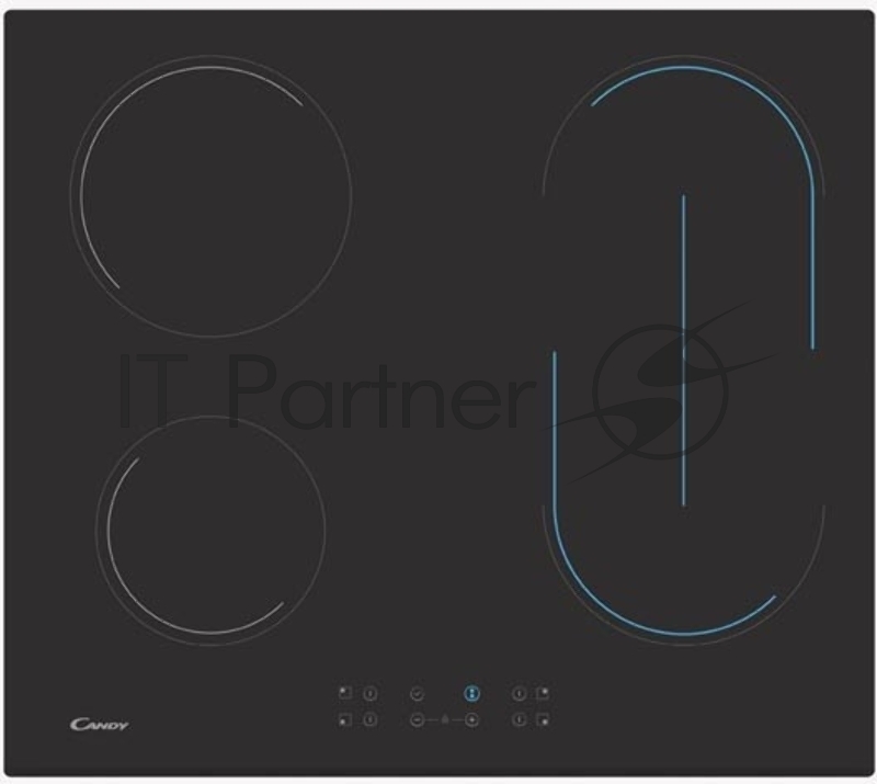 Варочная поверхность CANDY CH64BVT Стеклокерамическая электрическая варочная панель шириной 60 см. 4 hi light зоны нагрева. Цветная графика зон расширения. 1 зона расширения: Bridge (Мост). Автоматика закипания. Таймер. Индикация остаточного тепла. 1