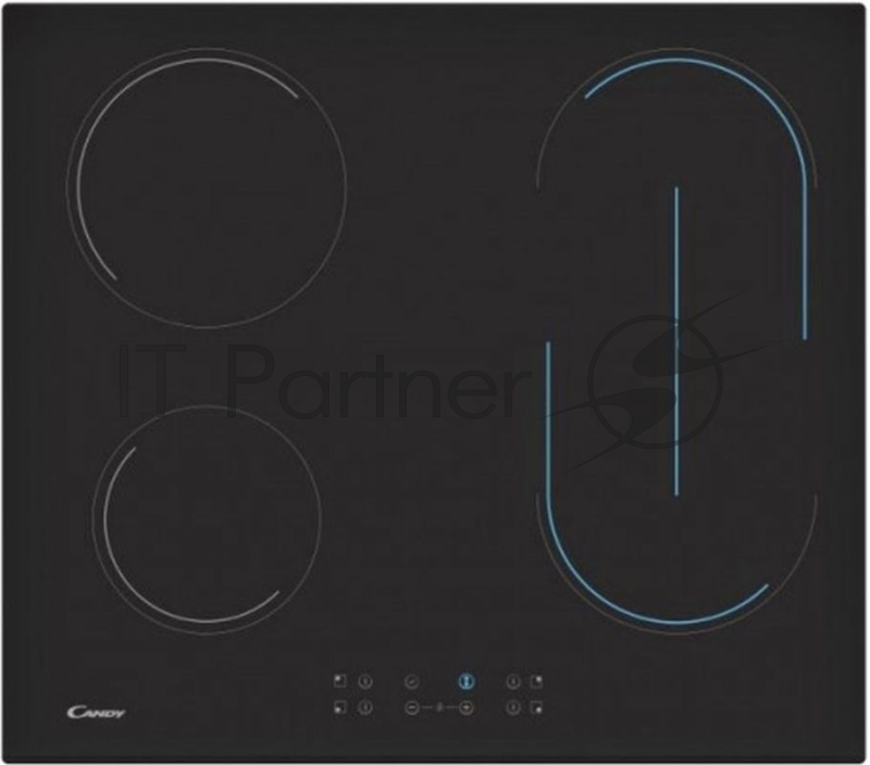 Варочная поверхность CANDY CH64BVT Стеклокерамическая электрическая варочная панель шириной 60 см. 4 hi light зоны нагрева. Цветная графика зон расширения. 1 зона расширения: Bridge (Мост). Автоматика закипания. Таймер. Индикация остаточного тепла. 1