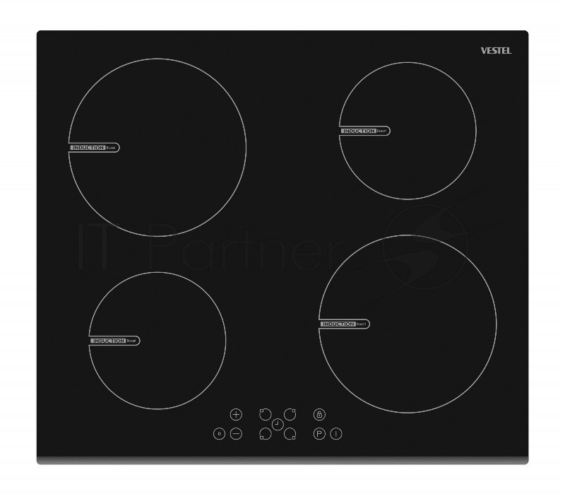 Индукционная варочная панель Vestel,2 x 160 мм, 1400/1800 Вт,2 x 210 мм, 2100/2500 Вт,Таймер,Сенсорное управление, индикация остаточного тепла, бустер, определение наличия посуды, пауза, блокировка от детей, блокировка клавиш, автоотключение,Скошенны