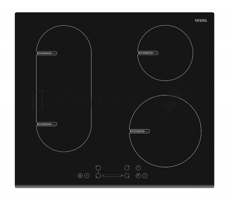 Индукционная варочная панель Vestel,3 x 160 мм, 1400/1800 Вт,1 x 210 мм, 2100/2500 Вт, Таймер, сенсорное управление-слайдер,Автопрограм остаточного тепла, бустер, определение наличия посуды, пауза, блокировка от детей, блокировка клавиш,