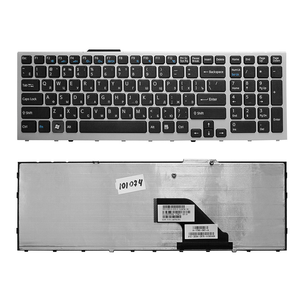 Клавиатура для ноутбука Sony Vaio VPC-F11, VPC-F12, VPC-F13 Series. Плоский Enter. Черная, с серебристой рамкой. 148781561, 9Z.N3S82.201.