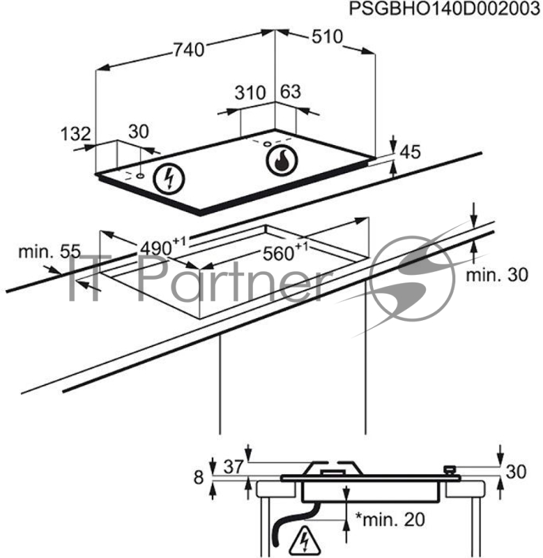 Встраиваемая газовая панель ELECTROLUX EGT97657NK / 74х51, газовая, стеклокерамика, независимая, электроподжиг, газ-контроль, черная