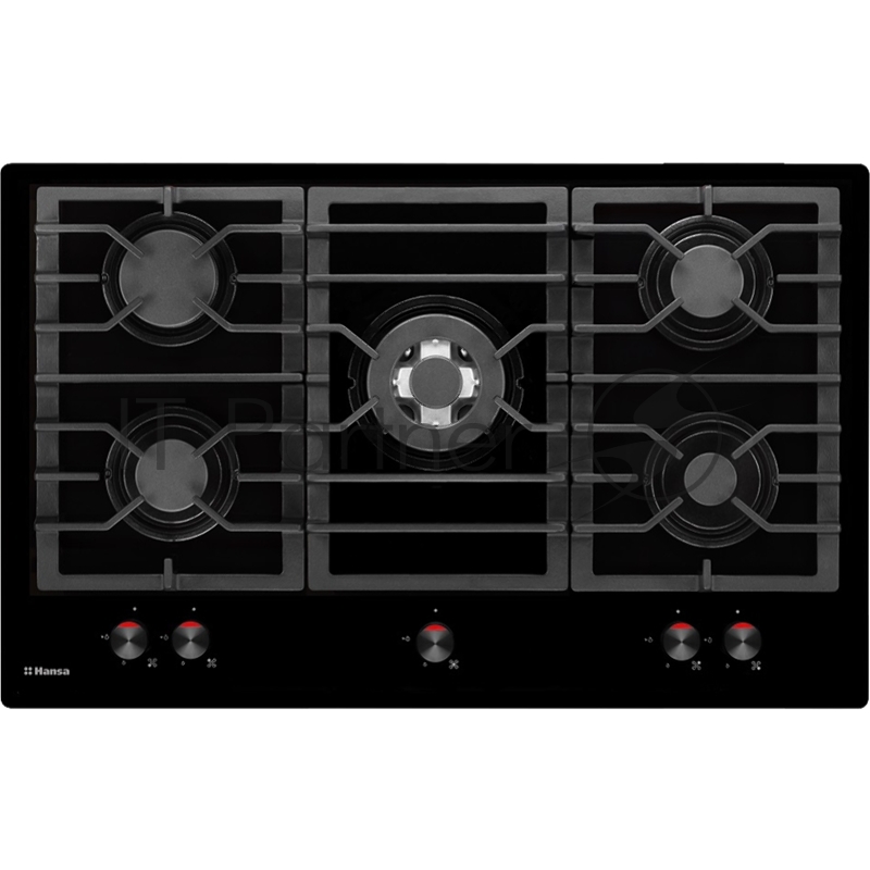 Газовая варочная панель HANSA BHKS83138 90см, BHKS83138, 5 газовых конфорок (2х2,8кВт, 2х1,8кВт, 1х1кВт), чугунная решетка, электроподжиг в ручке, газ-контроль, WOK, газ на стекле, цвет черный