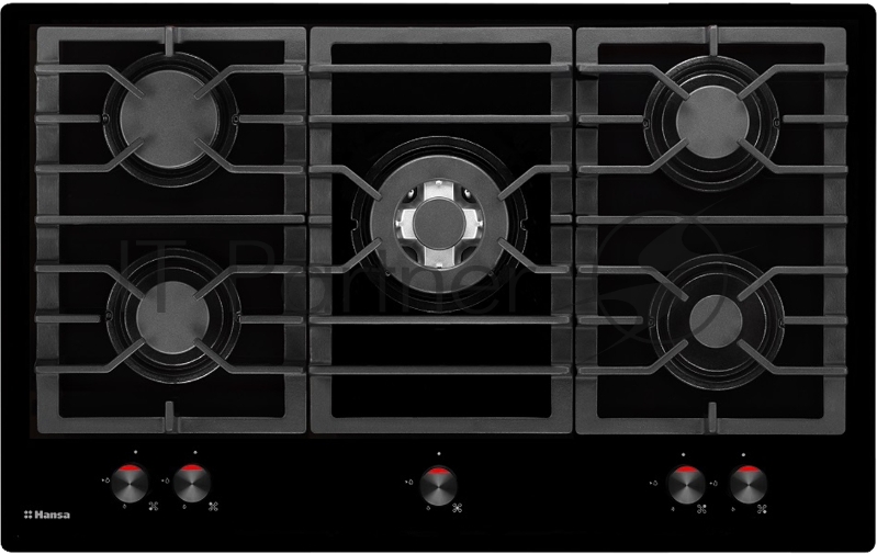 Газовая варочная панель HANSA BHKS83138 90см, BHKS83138, 5 газовых конфорок (2х2,8кВт, 2х1,8кВт, 1х1кВт), чугунная решетка, электроподжиг в ручке, газ-контроль, WOK, газ на стекле, цвет черный