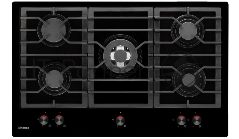Газовая варочная панель HANSA BHKS83138 90см, BHKS83138, 5 газовых конфорок (2х2,8кВт, 2х1,8кВт, 1х1кВт), чугунная решетка, электроподжиг в ручке, газ-контроль, WOK, газ на стекле, цвет черный