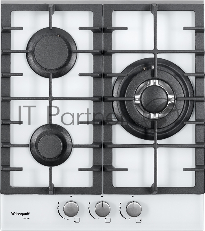 Встраиваемые газовые панели Weissgauff Газ, 45x51 см, газовая, закаленное стекло, независимая, электроподжиг, газ-контроль, чугунные решетки, WOK, белая
