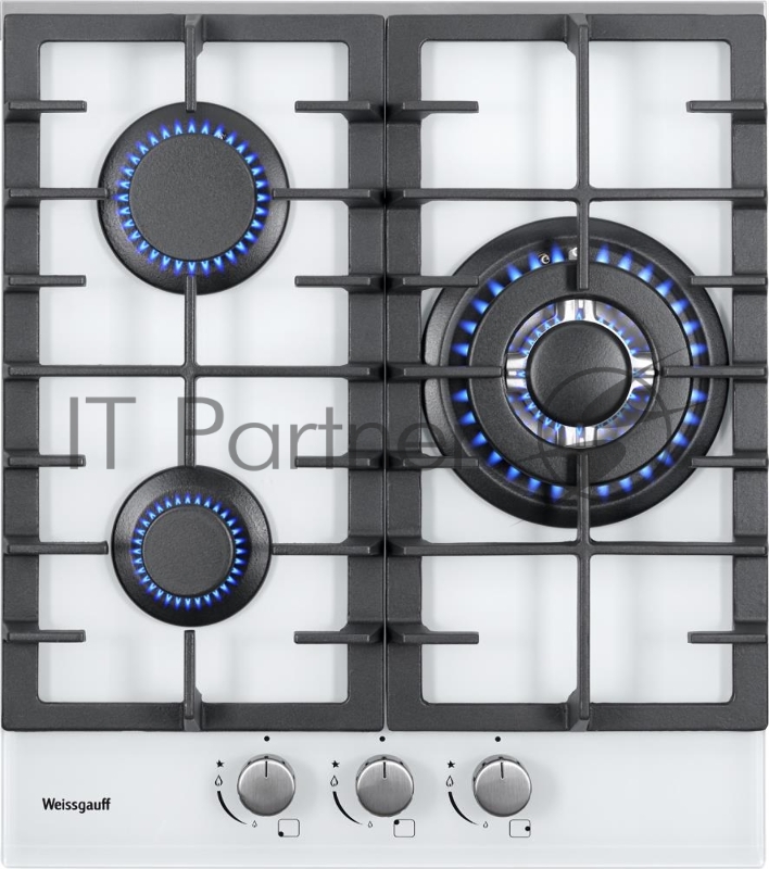 Встраиваемые газовые панели Weissgauff Газ, 45x51 см, газовая, закаленное стекло, независимая, электроподжиг, газ-контроль, чугунные решетки, WOK, белая