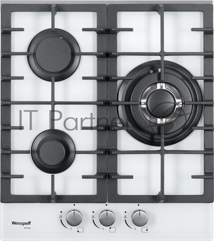 Встраиваемые газовые панели Weissgauff Газ, 45x51 см, газовая, закаленное стекло, независимая, электроподжиг, газ-контроль, чугунные решетки, WOK, белая