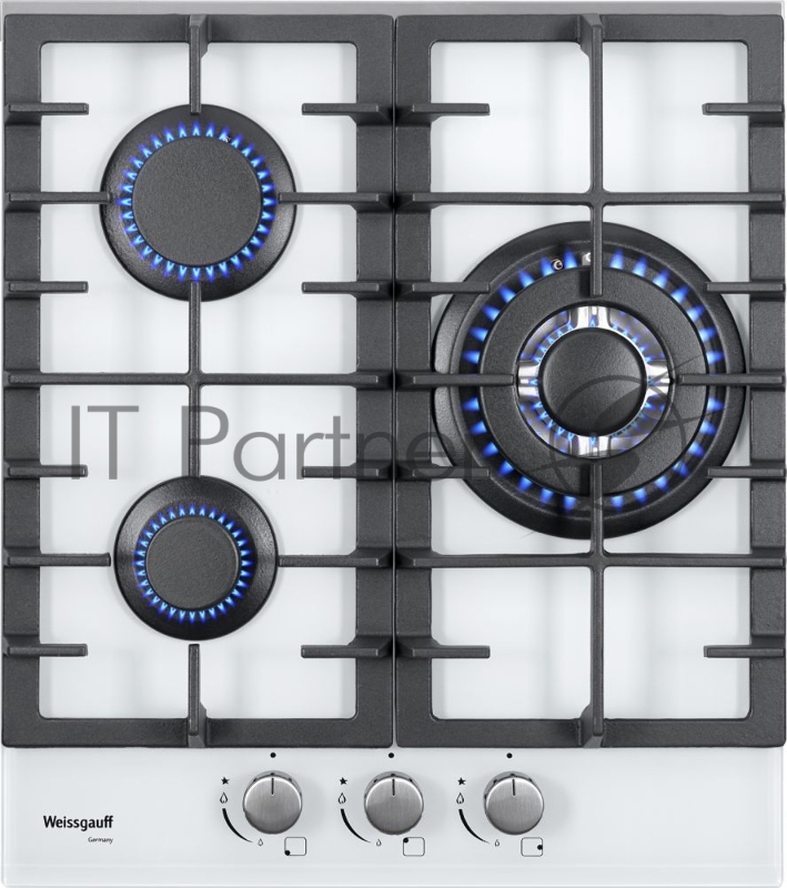 Встраиваемые газовые панели Weissgauff Газ, 45x51 см, газовая, закаленное стекло, независимая, электроподжиг, газ-контроль, чугунные решетки, WOK, белая