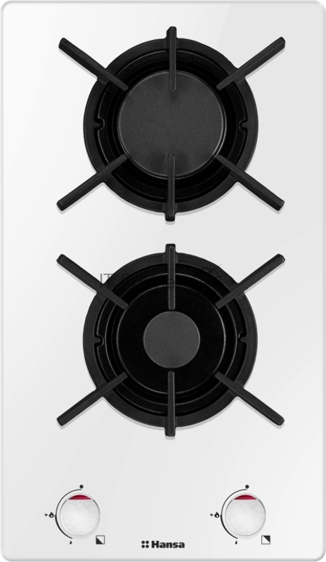 Варочная поверхность газовая Домино HANSA BHKW330300, 2 газовых конфороки (1х5,3см,1х9,8см), ЧУГУННЫЕ РЕШЕТКИ, автоподжиг, газ-контроль, белый