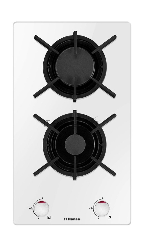 Варочная поверхность газовая Домино HANSA BHKW330300, 2 газовых конфороки (1х5,3см,1х9,8см), ЧУГУННЫЕ РЕШЕТКИ, автоподжиг, газ-контроль, белый