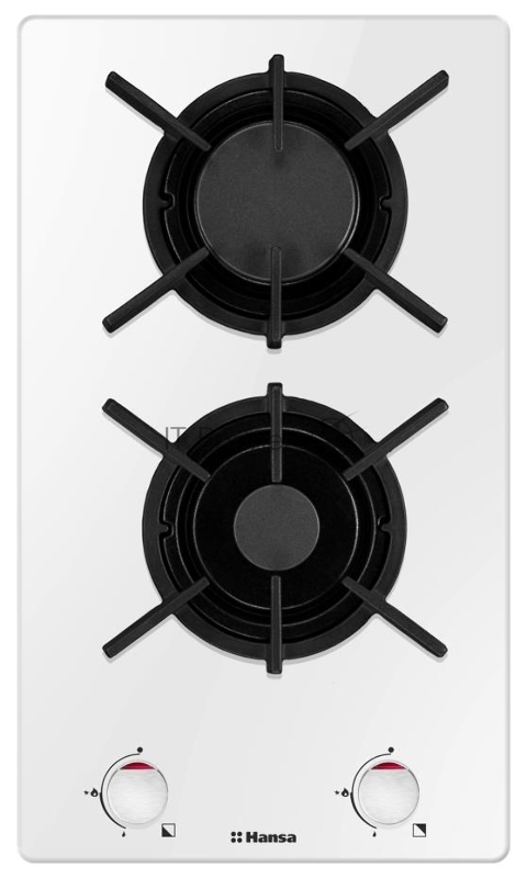 Варочная поверхность газовая Домино HANSA BHKW330300, 2 газовых конфороки (1х5,3см,1х9,8см), ЧУГУННЫЕ РЕШЕТКИ, автоподжиг, газ-контроль, белый