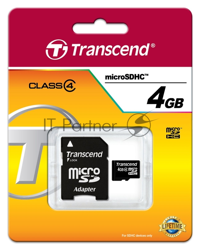 Флеш карта microSDHC 4Gb Class4 Transcend TS4GUSDHC4 + adapter