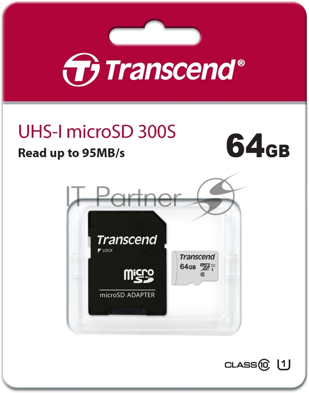 Флеш карта Micro SecureDigital 64Gb Transcend Class 10 TS64GUSD300S-A {MicroSDXC Class 10 UHS-I, SD adapter}