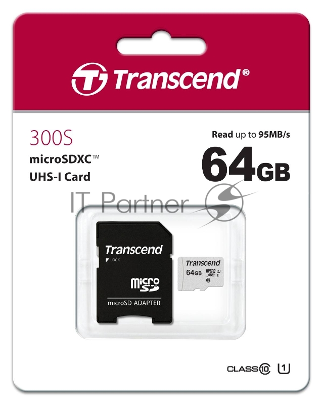 Флеш карта Micro SecureDigital 64Gb Transcend Class 10 TS64GUSD300S-A {MicroSDXC Class 10 UHS-I, SD adapter}