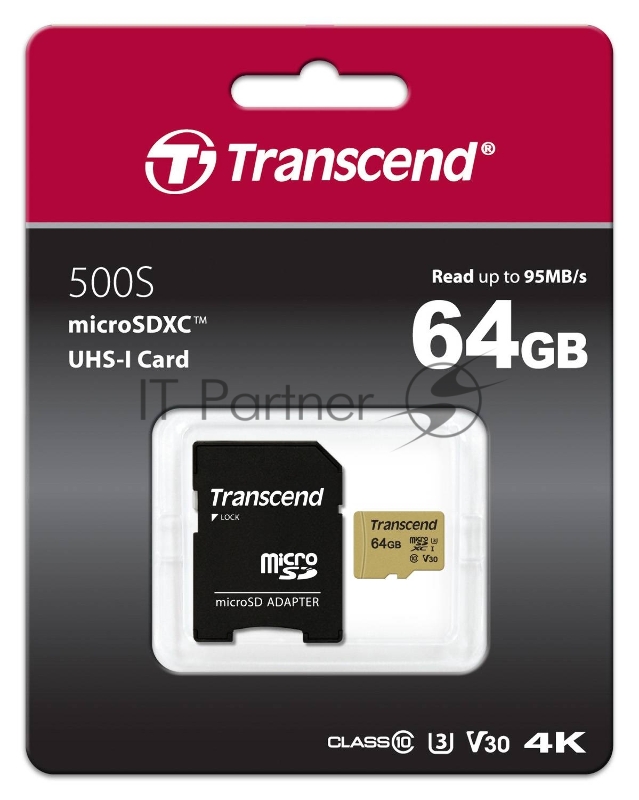 Флеш карта microSD 64GB Transcend microSDХC Class 10 UHS-1 U-3, V30, (SD адаптер), MLC