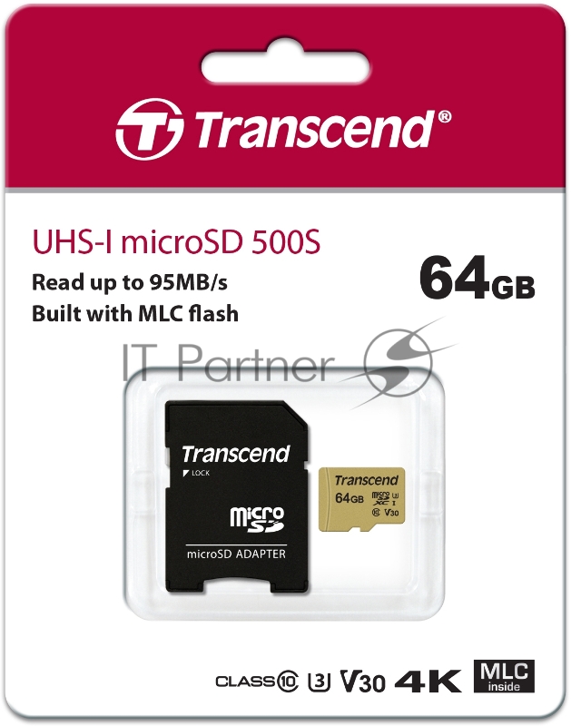 Флеш карта microSD 64GB Transcend microSDХC Class 10 UHS-1 U-3, V30, (SD адаптер), MLC