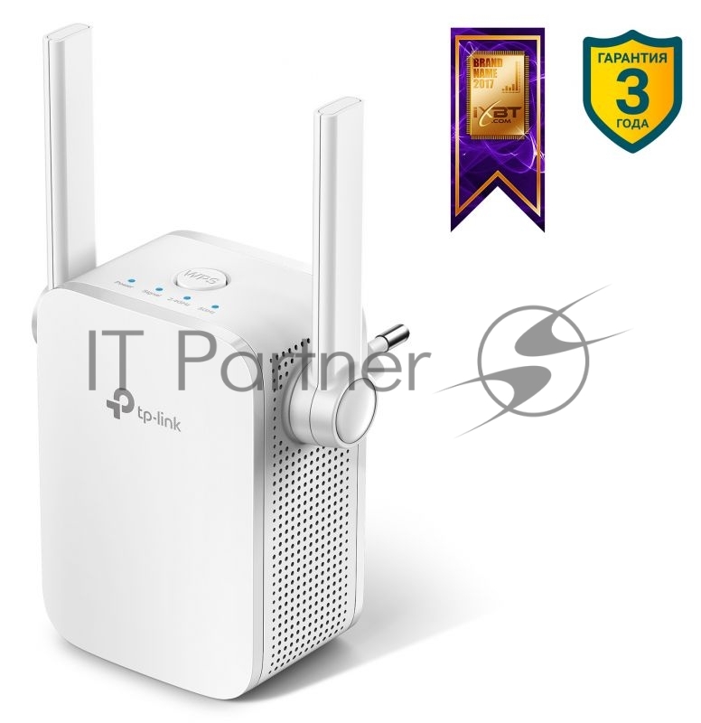 Усилитель TP-Link Wi-Fi AC750 Wi-Fi Range Extender, Wall Plugged, 433Mbps at 5GHz + 300Mbps at 2.4GHz, 802.11ac/a/b/g/n, 1 10/100M LAN, WPS button, 2 fixed antennas поставляется без кабеля RJ-45