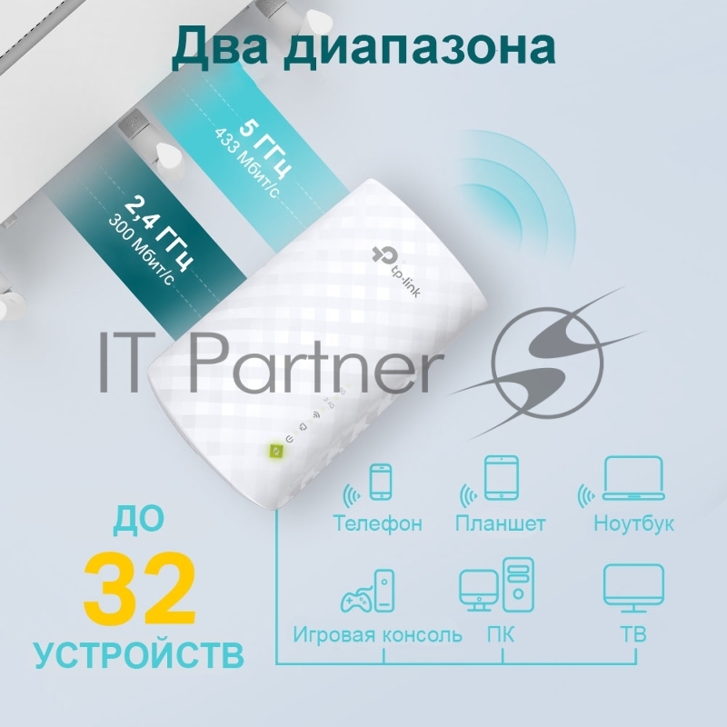 Усилитель Wi-Fi сигнала TP-Link AC750 OneMesh WiFi Range Extender, 300Mbps at 2.4G and 433Mbps at 5G, compact house with internal antennas, 1 10/100Mbps Ethernet port, WPS button for quick setup, Smart Indicator for best location, support OneMeshTMte