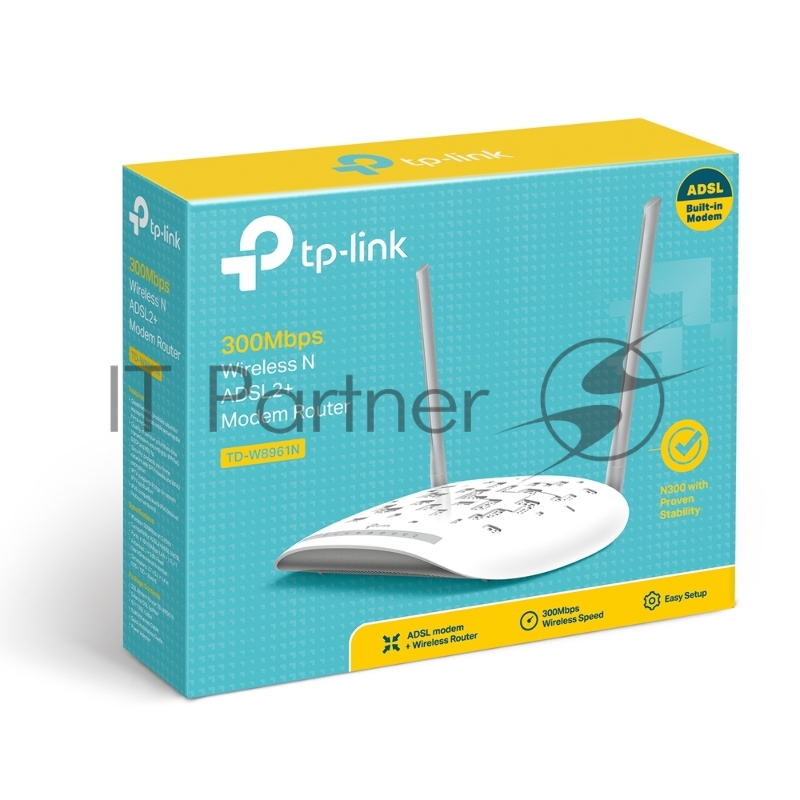 Сетевое оборудование TP-Link SOHO TD-W8961N(RU) 300 Мбит/с, 2T2R, ADSL2/ADSL+, Annex A, 4 порта 100 Мбит/с