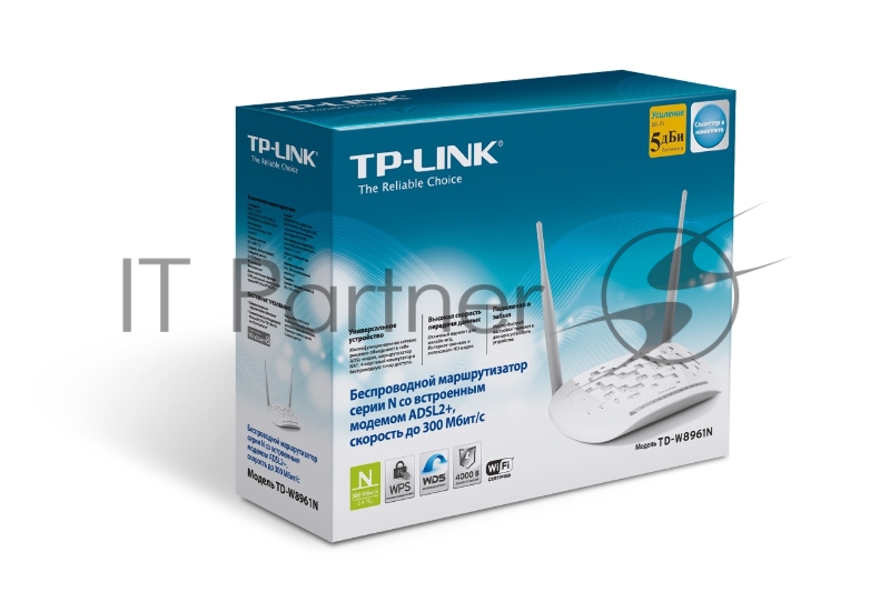 Сетевое оборудование TP-Link SOHO TD-W8961N(RU) 300 Мбит/с, 2T2R, ADSL2/ADSL+, Annex A, 4 порта 100 Мбит/с