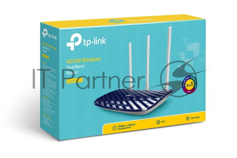Маршрутизатор TP-Link Беспроводный Archer C20(RU), Dual Band,(433Мбит/с на 5 ГГц + 300Мбит/с на 2,4 ГГц) 4 порта 100 Мбит/с, 3 фиксированных антенны