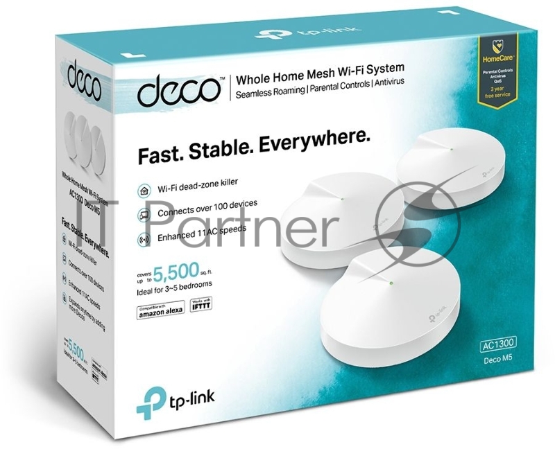 Маршрутизатор TP-Link TP-Link DECO M5(3-PACK) AC1300 Домашняя Wi-Fi система, чипсет Qualcomm, два диапазона (Dual-Band), поддержка стандартов 802.11ac/a/b/g/n, 717 МГц четырёхъядерный процессор, Bluetooth 4.2, 2 гигабитных порта Ethernet, 1 порт USB