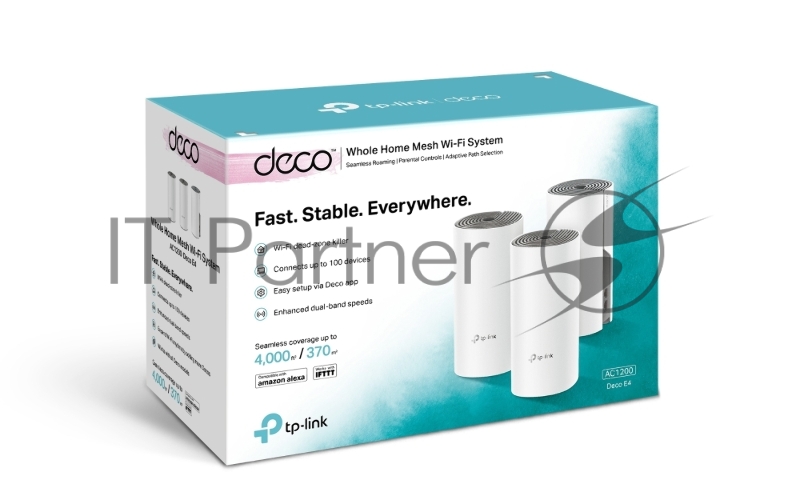 Домашняя Mesh Wi-Fi система TP-Link Deco E4 (3-Pack), 1167Мбит/с (5 ГГц: до 867 Мбит/с + 2,4 ГГц: до 300 Мбит/с), 2 порта 100 Мбит/с, 2 встроенные антенны на каждом модуле Deco
