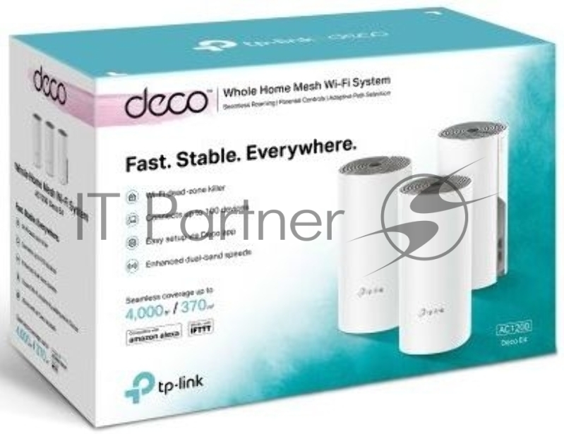 Домашняя Mesh Wi-Fi система TP-Link Deco E4 (3-Pack), 1167Мбит/с (5 ГГц: до 867 Мбит/с + 2,4 ГГц: до 300 Мбит/с), 2 порта 100 Мбит/с, 2 встроенные антенны на каждом модуле Deco