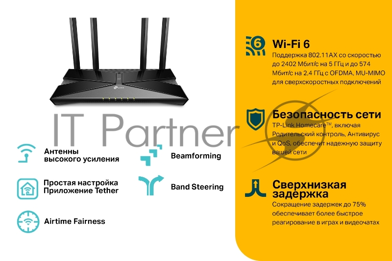 Роутер TP-Link AX3000 Dual Band Wireless Gigabit Router, Next-Gen Gigabit Wi-Fi 6, 2402Mbps at 5G and 574Mbps at 2.4G, Dual-Core Intel CPU, 1*USB 3.0 Port, 4 external antennas, support NitroQAM,OFDMA,MU-MIMO,Airtime Fairness,Beamforming, support Russ