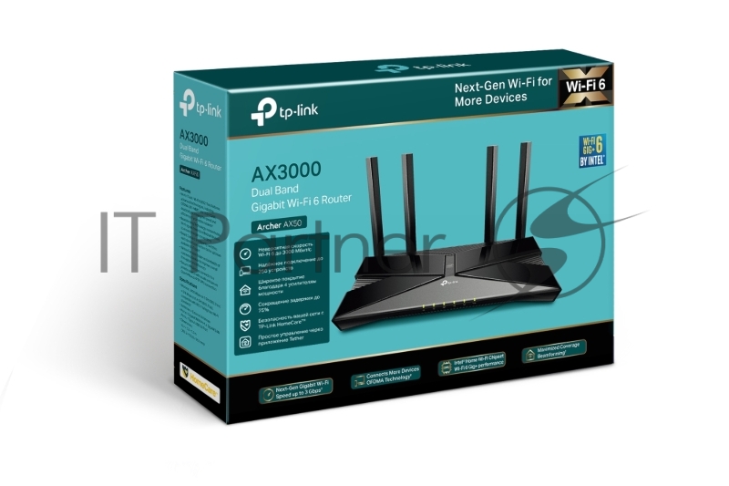 Роутер TP-Link AX3000 Dual Band Wireless Gigabit Router, Next-Gen Gigabit Wi-Fi 6, 2402Mbps at 5G and 574Mbps at 2.4G, Dual-Core Intel CPU, 1*USB 3.0 Port, 4 external antennas, support NitroQAM,OFDMA,MU-MIMO,Airtime Fairness,Beamforming, support Russ