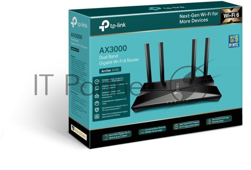 Роутер TP-Link AX3000 Dual Band Wireless Gigabit Router, Next-Gen Gigabit Wi-Fi 6, 2402Mbps at 5G and 574Mbps at 2.4G, Dual-Core Intel CPU, 1*USB 3.0 Port, 4 external antennas, support NitroQAM,OFDMA,MU-MIMO,Airtime Fairness,Beamforming, support Russ