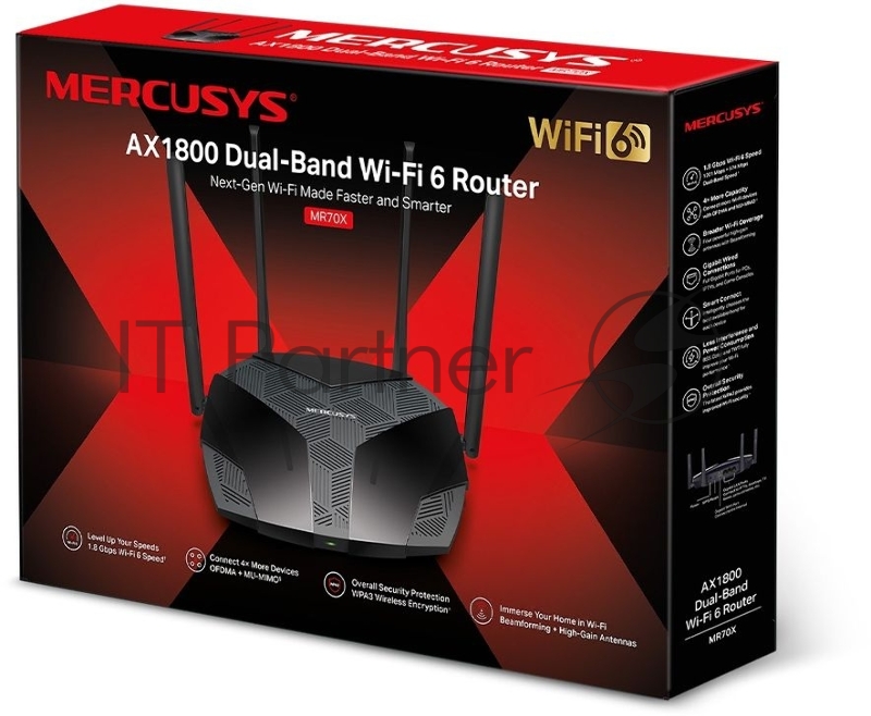 Роутер Mercusys MR70X AX1800 Dual-Band WiFi 6 Router, 574 Mbps at 2.4 GHz + 1201 Mbps at 5 GHz, 4× Fixed External Antennas, 3× Gigabit LAN Ports, 1× Gigabit WAN Port, 1024-QAM, OFDMA, Router/Access Point Mode, MU-MIMO, WPA3, TWT, BSS Color