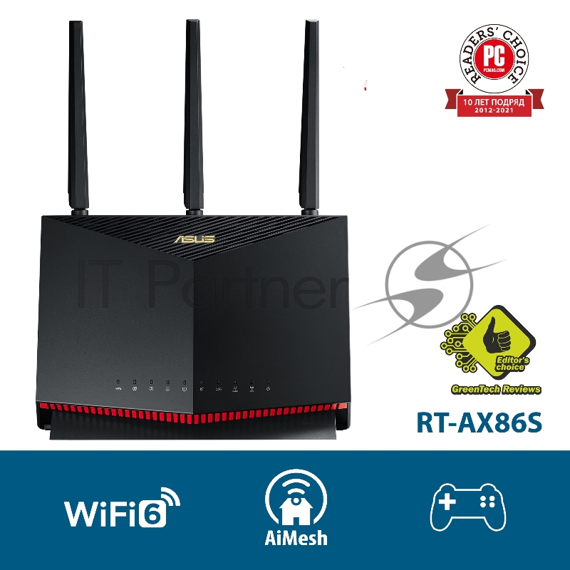 Роутер ASUS RT-AX86S // 802.11 a/b/g/n/ac/ax, до 861 + 4804Мбит/c, 2,4 + 5 гГц, 3 антенны, USB, GBT+2,5GBT LAN 90IG05F0-MO3A00