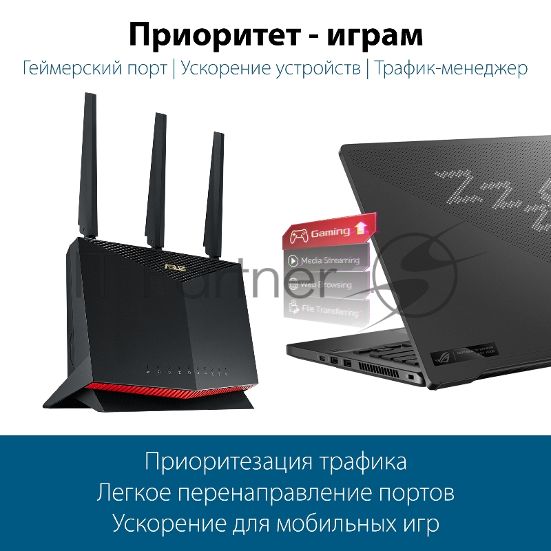 Роутер ASUS RT-AX86S // 802.11 a/b/g/n/ac/ax, до 861 + 4804Мбит/c, 2,4 + 5 гГц, 3 антенны, USB, GBT+2,5GBT LAN 90IG05F0-MO3A00