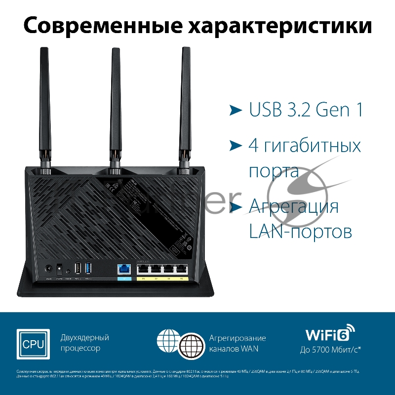 Роутер ASUS RT-AX86S // 802.11 a/b/g/n/ac/ax, до 861 + 4804Мбит/c, 2,4 + 5 гГц, 3 антенны, USB, GBT+2,5GBT LAN 90IG05F0-MO3A00