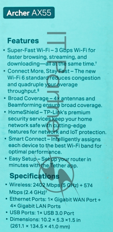 Маршрутизатор TP-Link Archer AX55 AX3000 Dual-Band Wi-Fi 6 Router, SPEED: 574 Mbps at 2.4 GHz + 2402 Mbps at 5 GHz, SPEC: 4× Antennas, 1× Gigabit WAN Port + 4× Gigabit LAN Ports, USB 3.0 Port