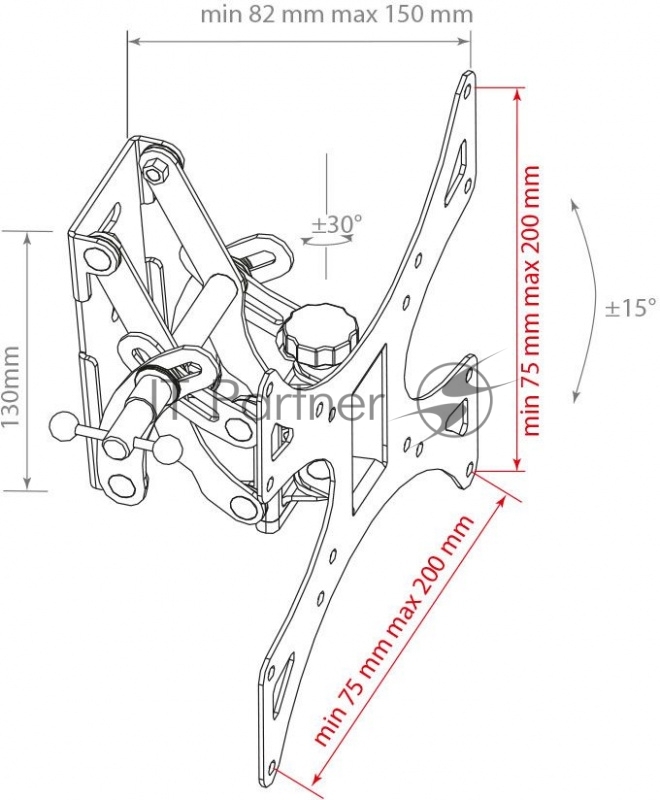 Кронштейн Arm media LCD-301 black, настенный для TV 15-37, max 30 кг, 2 ст св., нак. ±20°, пов. 180°, от ст. 82-150 мм, max VESA 200x200 мм.