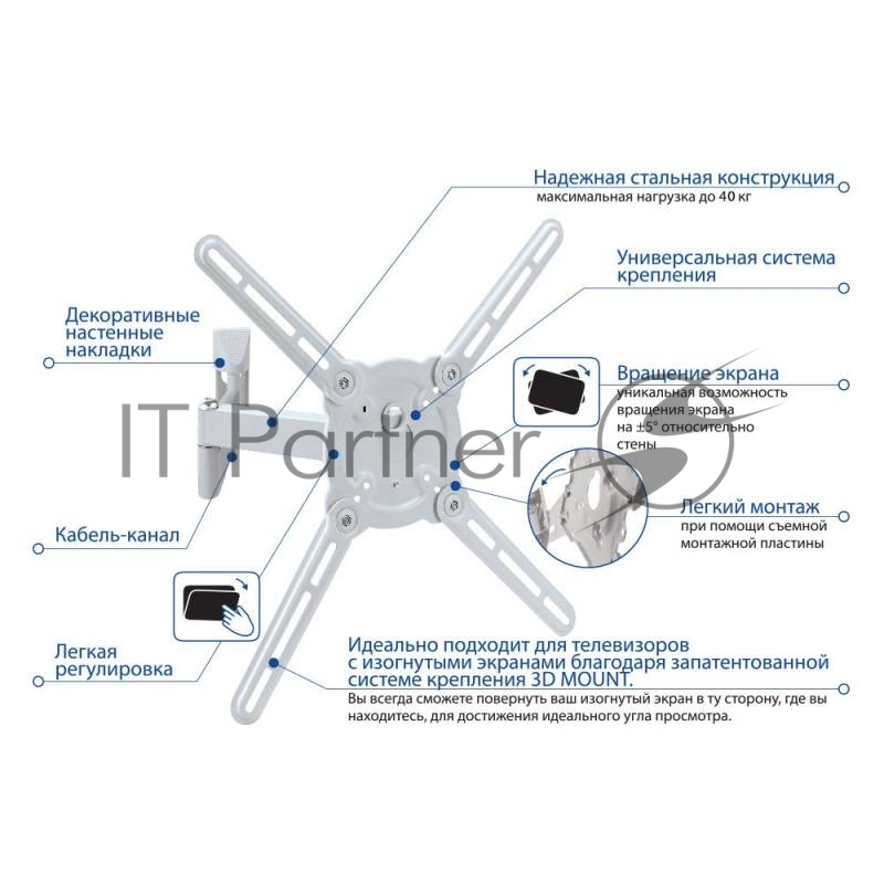 Кронштейн Kromax ATLANTIS-15 white (Наклонно-поворотный для LED TV 22-65, 4 ст. свободы, VESA 75/100/200X100/200X200/300x300