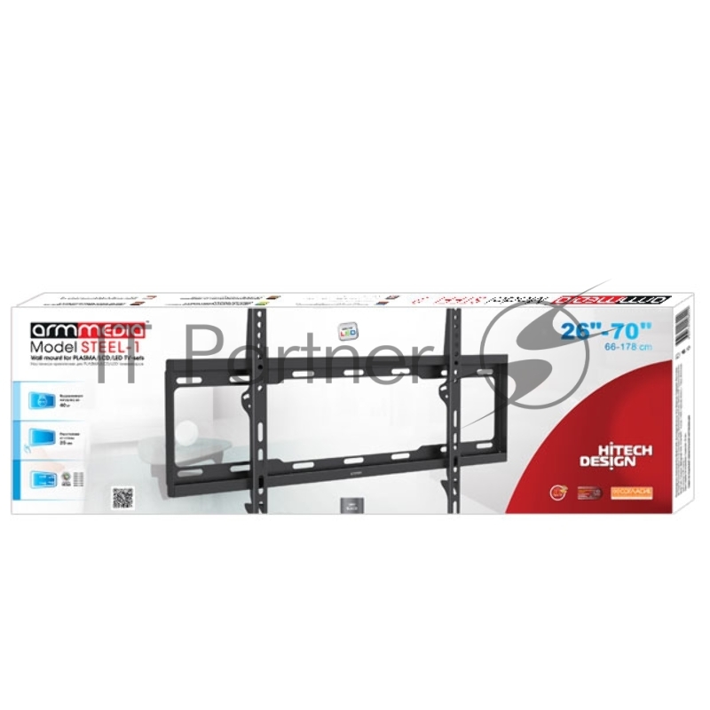 Кронштейн Arm media STEEL-1 new black, настенный для TV 32-90, max 60 кг, 0 ст св., от ст. 21,5 мм, max VESA 600x400 мм.