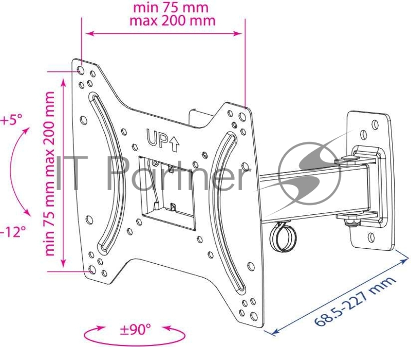 Кронштейн для LED/LCD телевизоров Kromax OPTIMA-203 black, 15-42, max 25 кг, настенный, 3 ст свободы, наклон +5°-12°, поворот ±90°, от стены 68.5-225 мм, max VESA 200x200 мм}